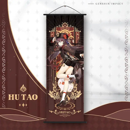 A genshin impact anime poster wall art scroll featuring hu tao with gold and maroon designs on a dark background
