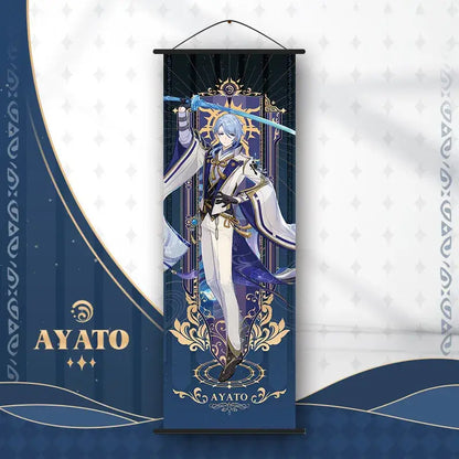Decorbites™ anime poster wall art featuring genshin impact ayato in blue white gold outfit with glowing sword on navy background
