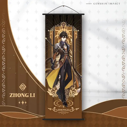 A vertically hanging decorbites anime poster wall art featuring zhong li from genshin impact with gold and black design elements