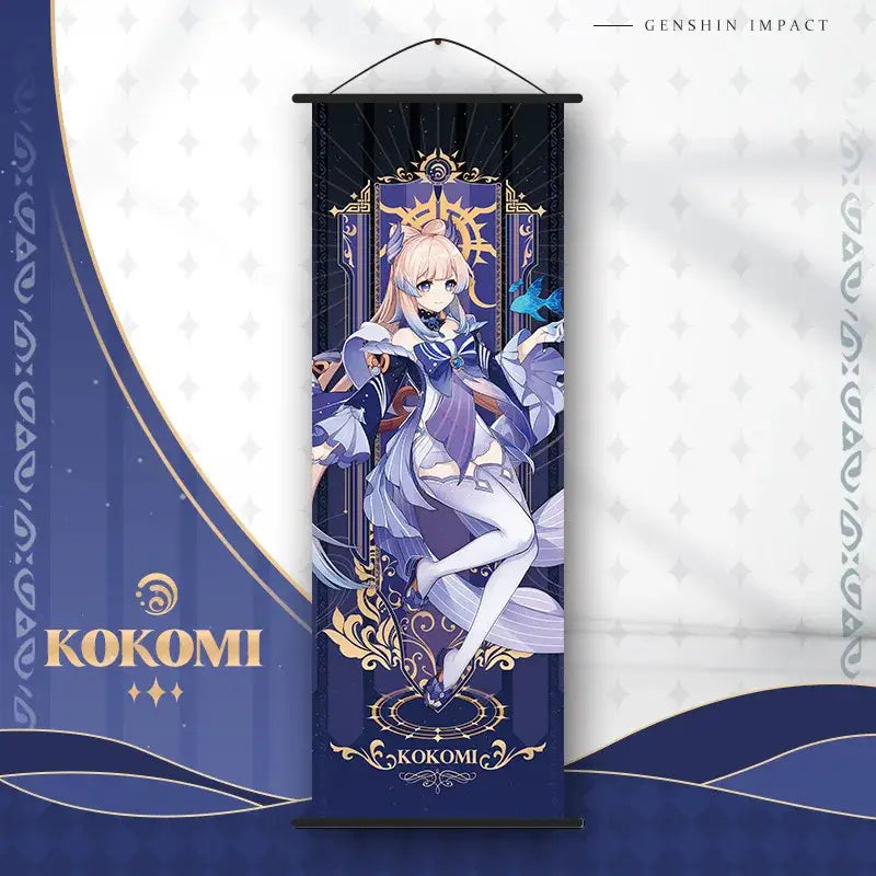 Decorbites™ anime poster wall art featuring genshin impact character in purple and white outfit with gold accents on dark blue background