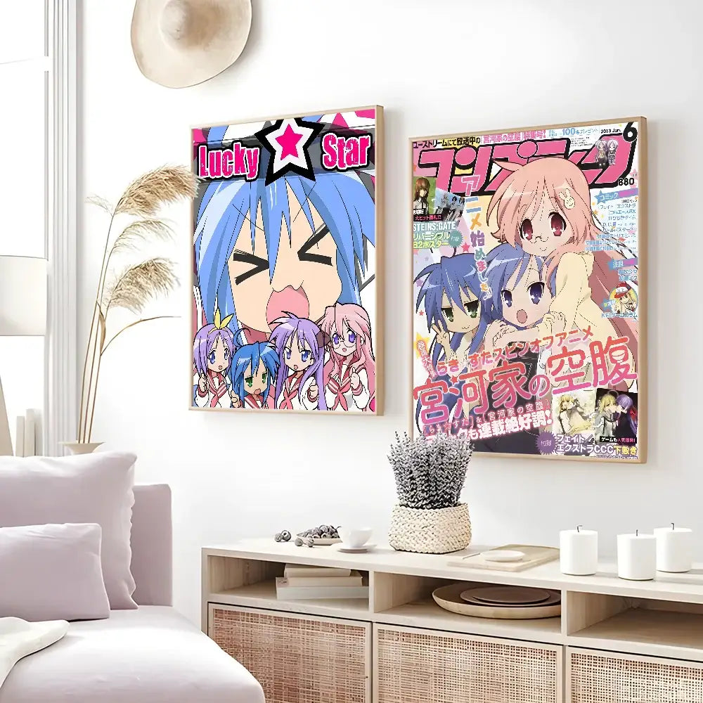 Two framed anime lucky star girl posters with blue hair and japanese text art for cute girl poster decorbites home decor