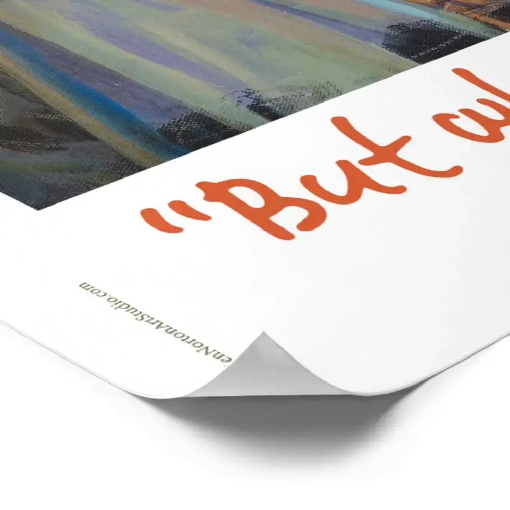 White anime poster from decorbites anime poster collection featuring bold orange cursive but above a colorful abstract landscape painting