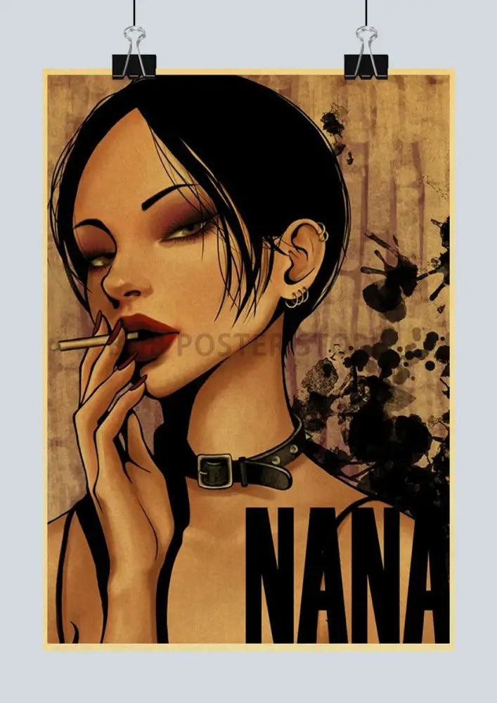 Vintage-style nana anime posters featuring a woman with dark hair and red lips on an aged beige background