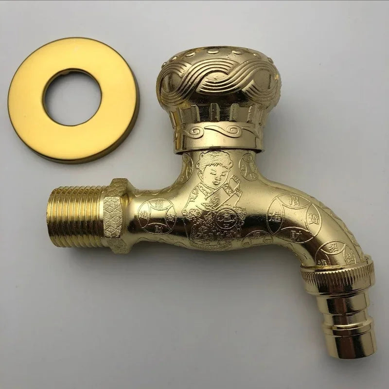 Golden brass vintage outdoor washing machine faucet with intricate child engraving and matching circular flange