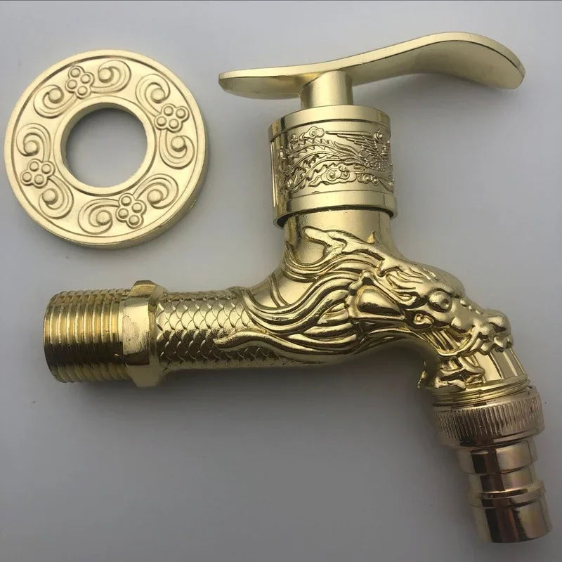 Golden brass antique bronze washing machine crane faucet with intricate dragon design and ornate circular flange wall mounted