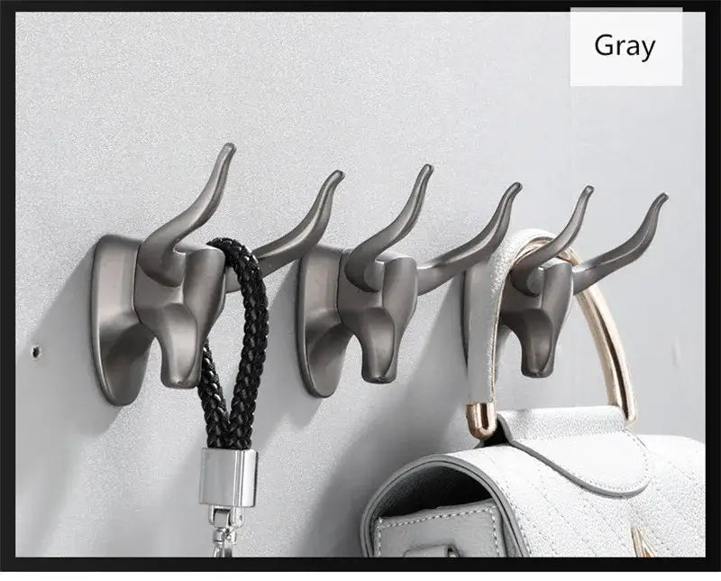 Set of five gray metallic decorbites antique aluminum bull head robe hooks with curved horns for bathroom clothes decor