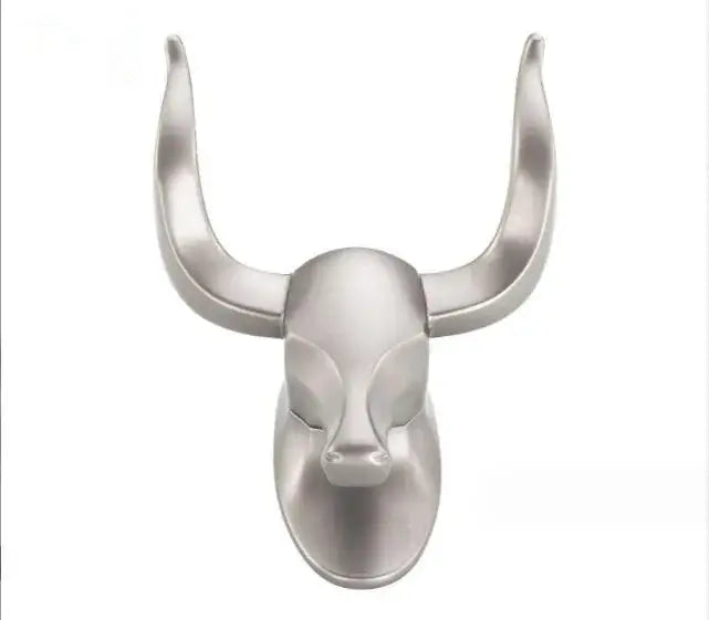Silver metallic antique aluminum bull head robe hook with polished surface and stylized horns for bathroom decorbites antique aluminum robe