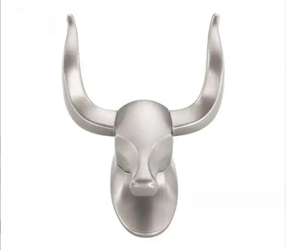 Silver metallic antique aluminum bull head robe hook with polished surface and stylized horns for bathroom decorbites antique aluminum robe