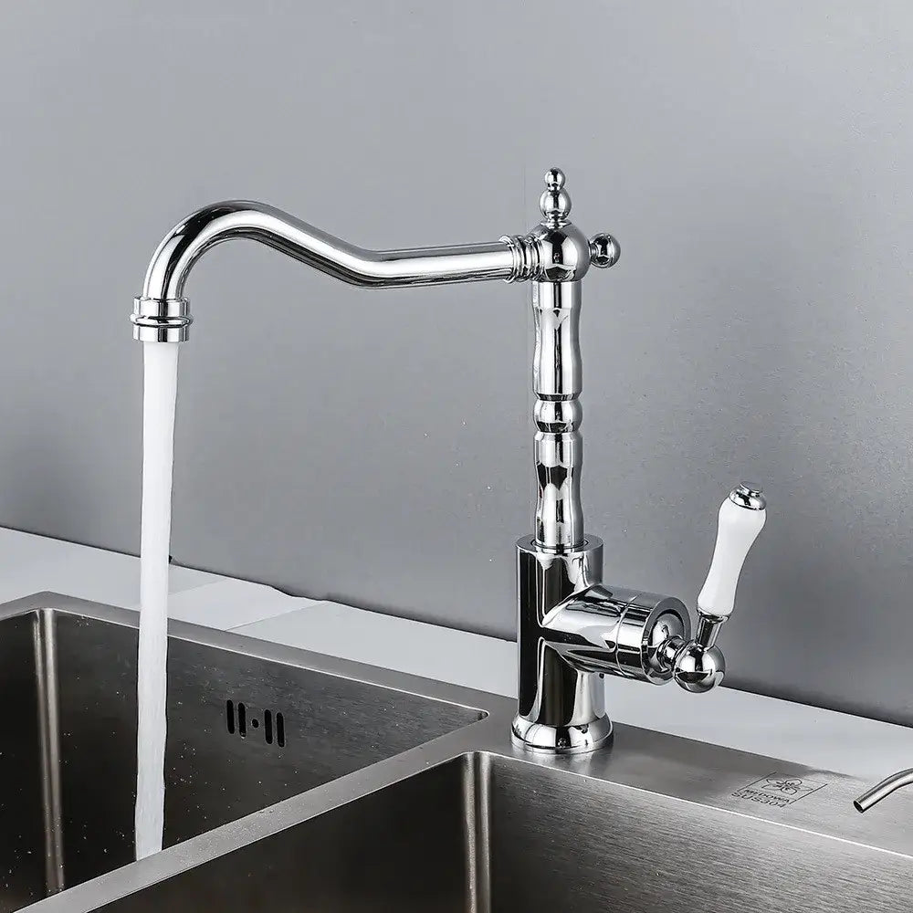 Chrome-finished kitchen faucet with white ceramic handle and ornate vintage design for decorbites black antique kitchen use