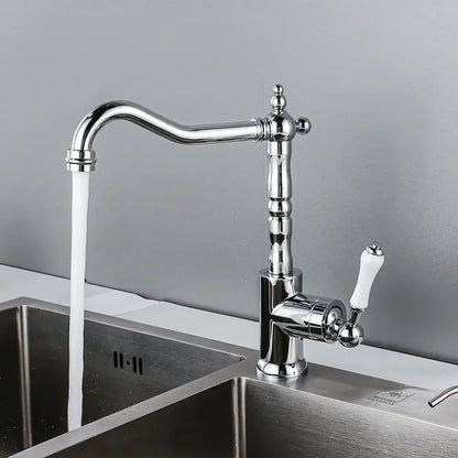 Chrome-finished kitchen faucet with white ceramic handle and ornate vintage design for decorbites black antique kitchen use