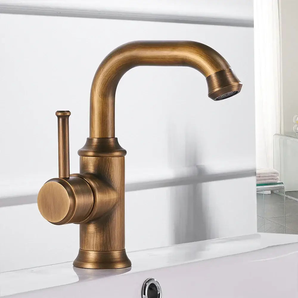 Antique black brass single handle bathroom faucet with curved spout for hot cold water decorbites black brass finish