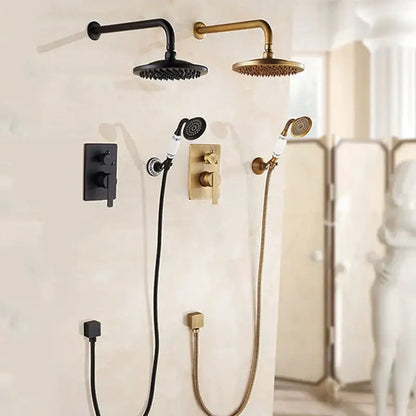 Decorbites black antique bathroom rain shower system with sleek black and gold brass fixtures and handheld sprayer
