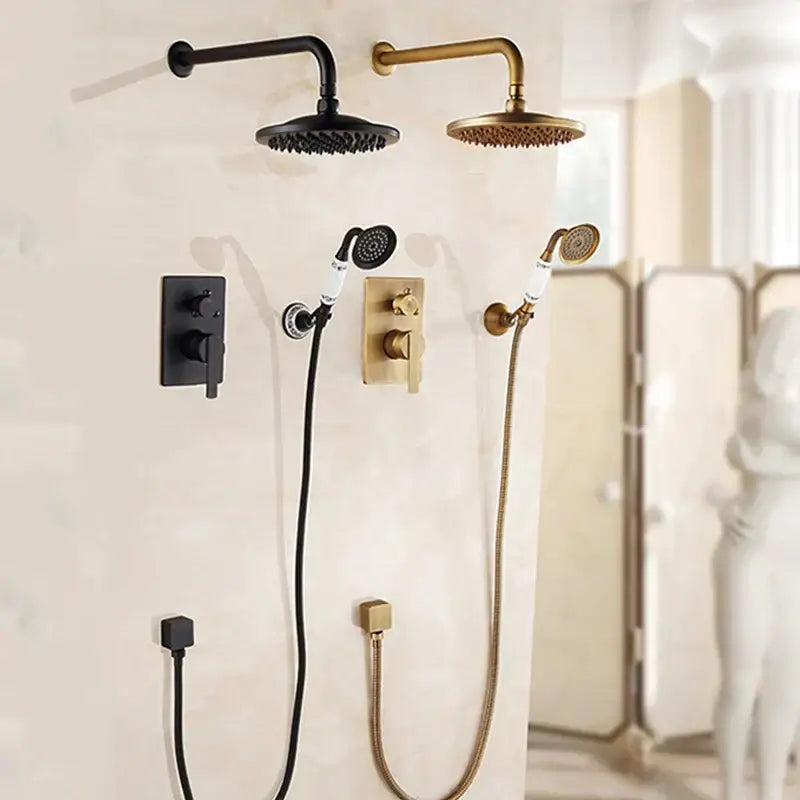 Decorbites black antique bathroom rain shower system with sleek black and gold brass fixtures and handheld sprayer