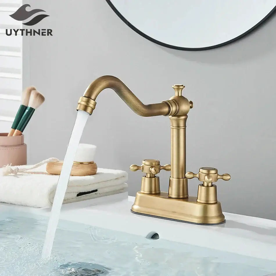 Antique black brass waterfall basin faucet with curved spout and cross-handle knobs for bathroom decorbites black brass