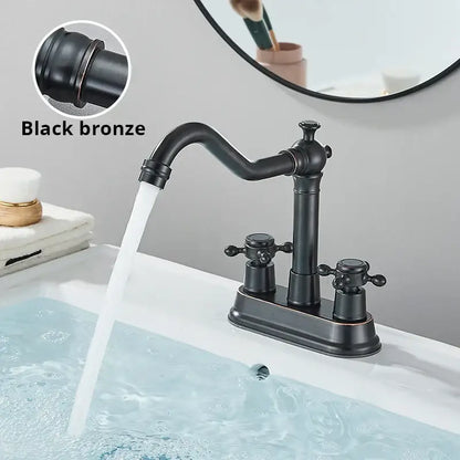 Black bronze farmhouse-style basin faucet with two cross handles and curved spout in decorbites black brass waterfall design