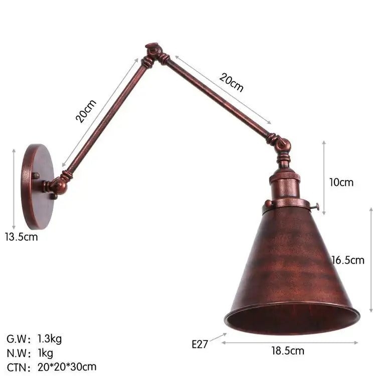 Antique black and copper adjustable wall lamp sconce with bronze finish and conical shade for bedroom lighting