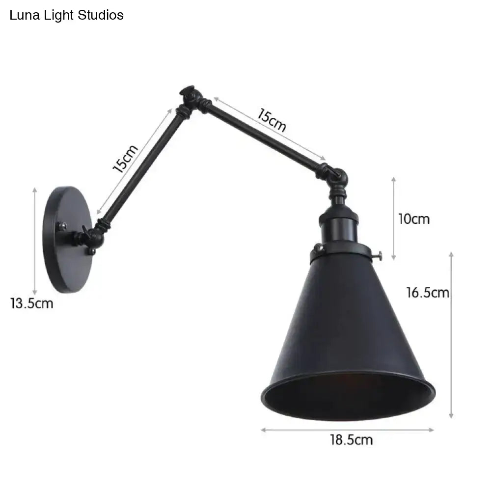 Antique adjustable wall lamp with black matte finish copper accents and conical shade for bedroom lighting
