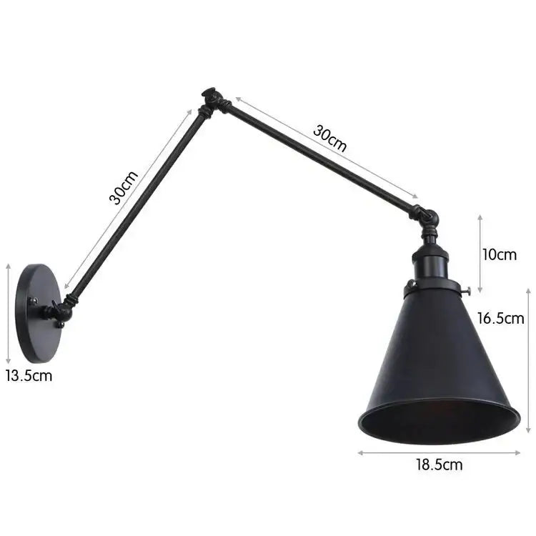 Antique black and copper adjustable wall lamp sconce with articulated arms and conical shade for bedroom lighting