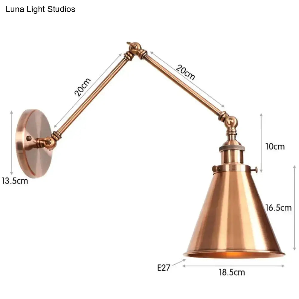 Brass-finished antique adjustable wall lamp with conical shade and articulated arms for bedroom lighting
