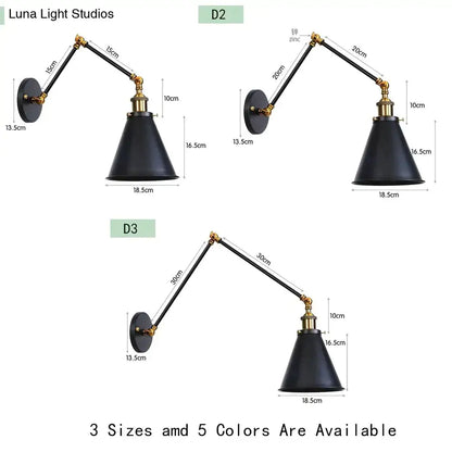 Antique adjustable wall lamp black conical metal sconce with brass accents and zinc adjustable arms for bedroom lighting