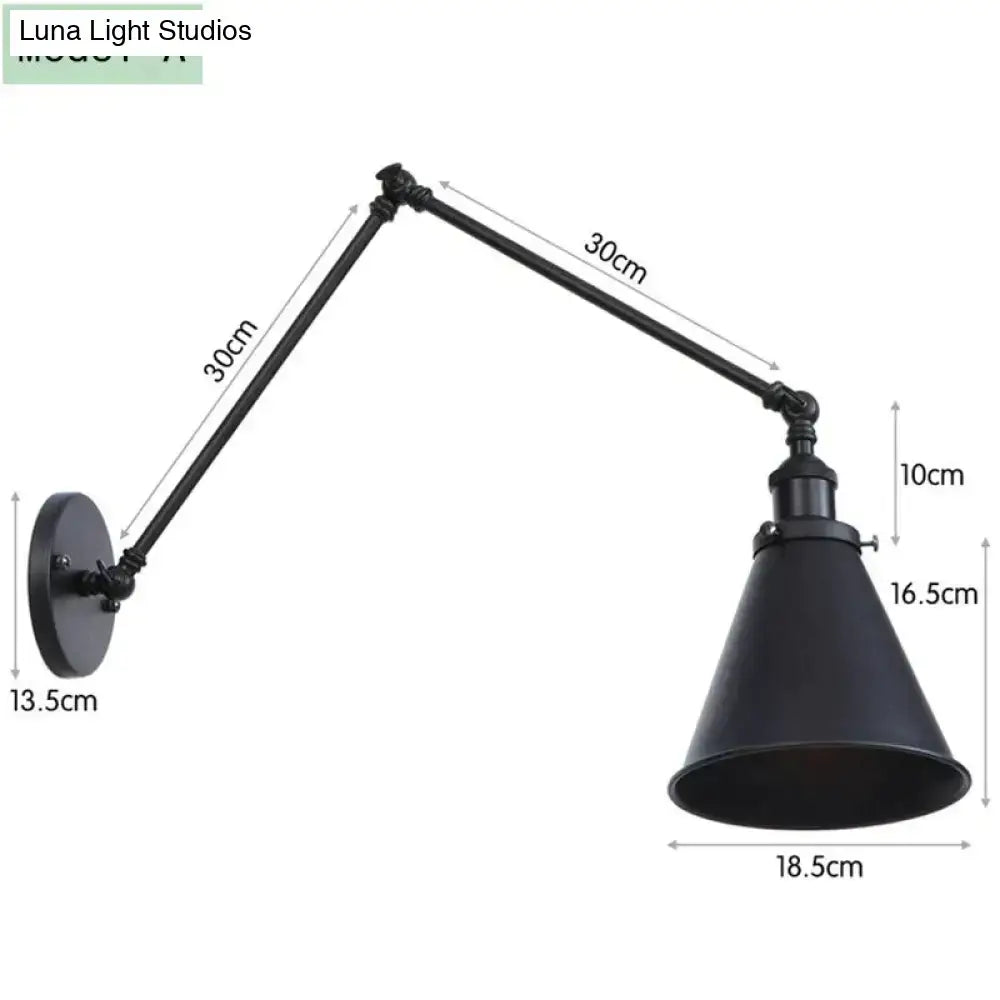 Antique black and copper adjustable wall lamp sconce with black matte finish and conical shade for bedroom lighting
