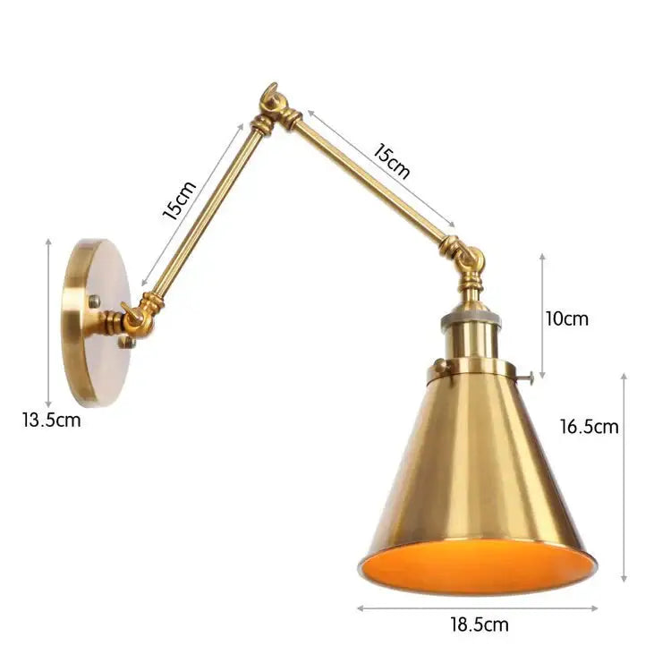 Antique adjustable wall lamp with brass finish, conical shade, and orange interior wall lamp sconce for bedroom lighting