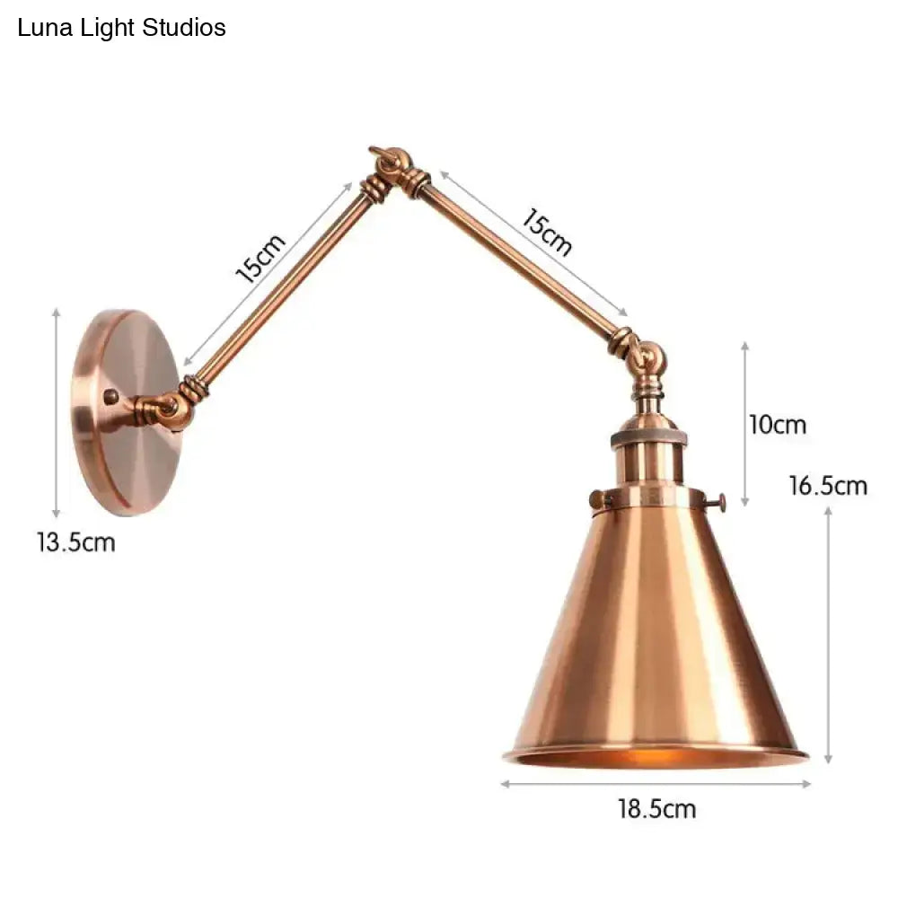 Brass antique adjustable wall lamp with conical shade and articulated arms in black and copper for bedroom lighting