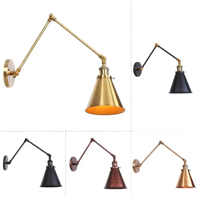 Antique adjustable wall lamp sconce in brass and black metal with a conical shade for bedroom lighting
