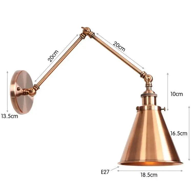 Brass-finished antique adjustable wall lamp sconce with conical shade and articulated arms for bedroom lighting