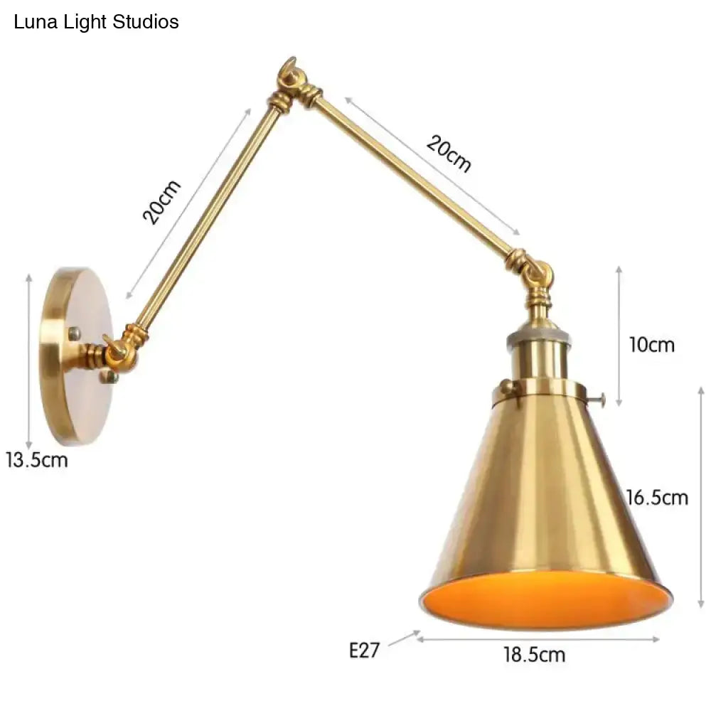 Brass-finished antique adjustable wall lamp sconce with conical shade and e27 bulb socket for bedroom lighting