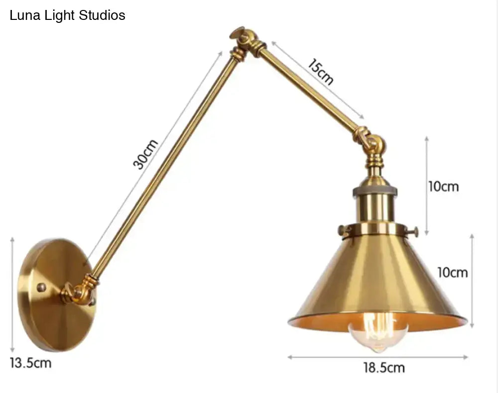 Antique adjustable wall lamp with brass finish conical shade and exposed bulb in black and copper for bedroom use