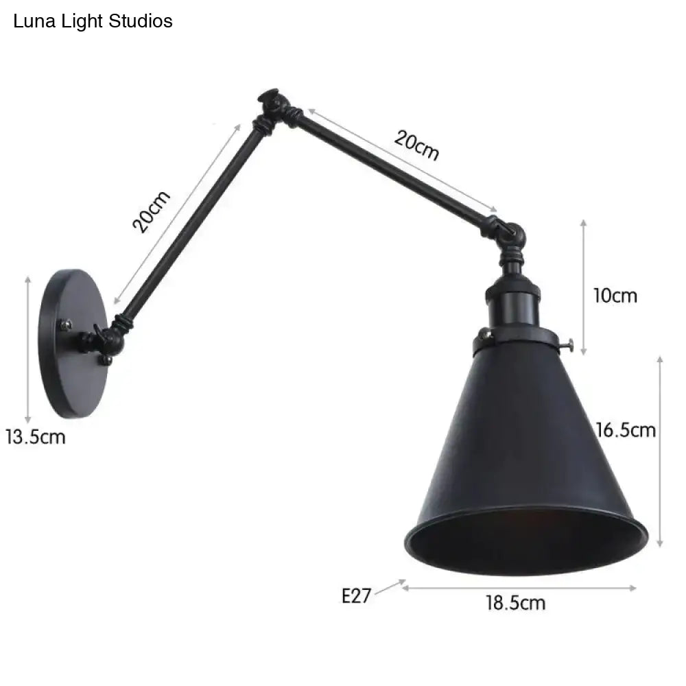Antique adjustable wall lamp with black matte finish, copper accents, adjustable arm, and conical shade wall lamp sconce