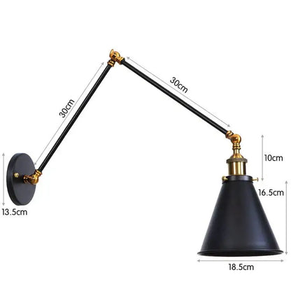 Antique adjustable wall lamp sconce in black matte finish with brass accents and adjustable arms for bedroom lighting