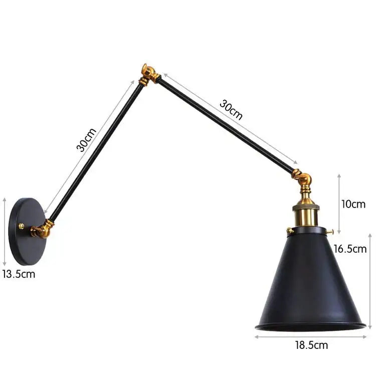 Antique adjustable wall lamp sconce in black matte finish with brass accents and adjustable arms for bedroom lighting