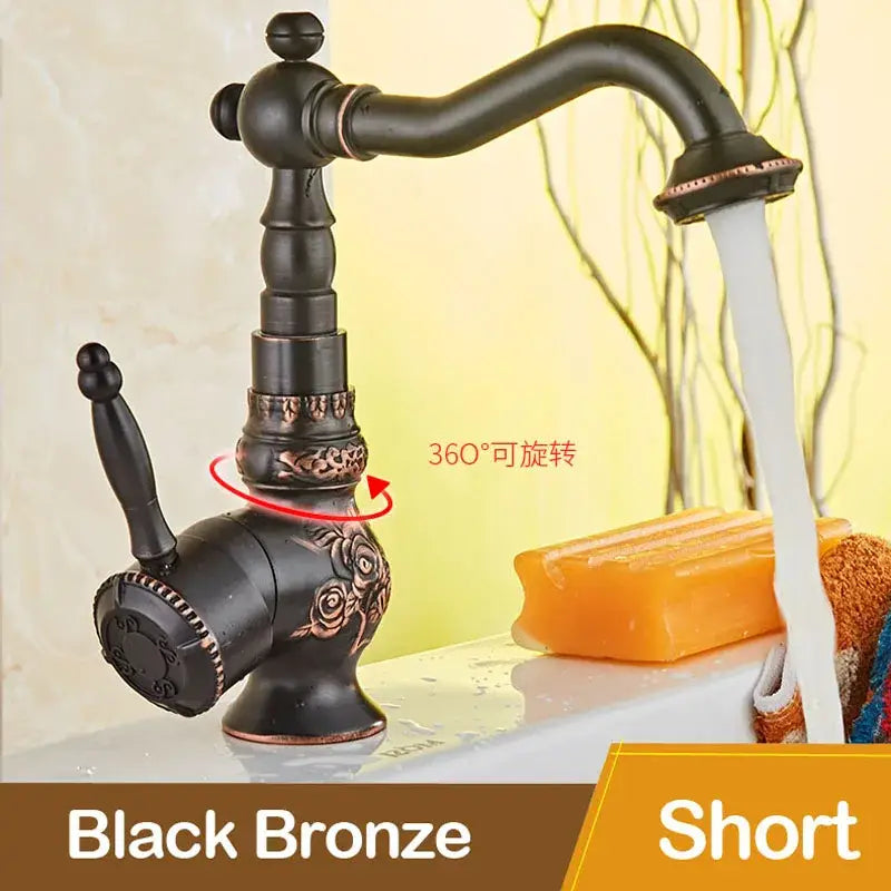 Antique black bronze basin mixer tap with ornate rose carving and 360-degree rotating swivel spout for bathroom use