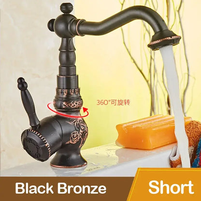 Antique black bronze basin mixer tap with ornate rose carving and 360-degree rotating swivel spout for bathroom use