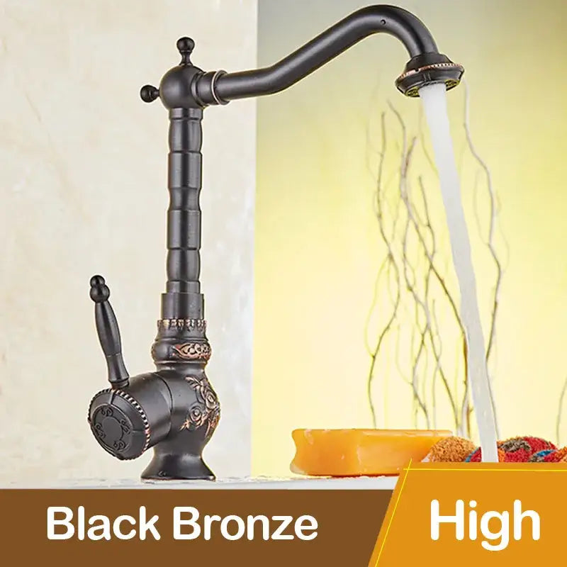 Antique black flower carved bronze basin mixer tap with ornate detailing and high-arc swivel spout for bathroom use