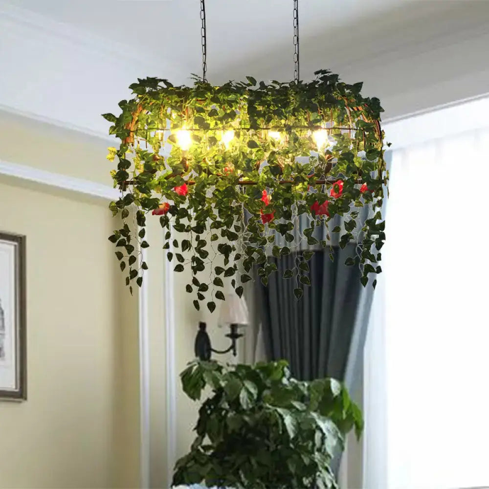 DecorBites™ antique black metal island chandelier with birdcage heads and green vines for restaurants and plant ceilings