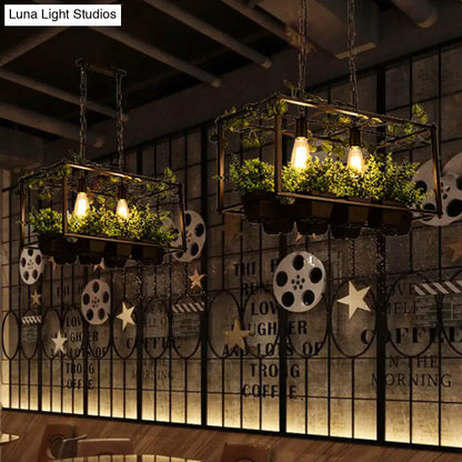 DecorBites™ antique black metal island pendant with 2 heads, LED down lighting, industrial style, and planter greenery