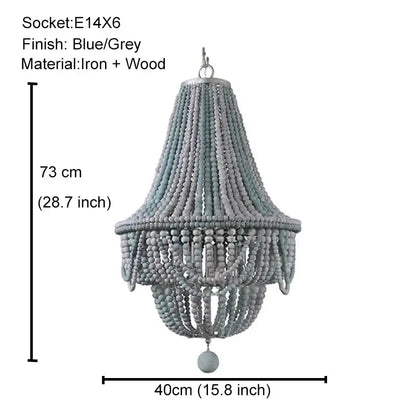 Antique black wood beaded pendant chandelier with blue grey iron and wood tiers and cascading beads for dining room decorbites black wood
