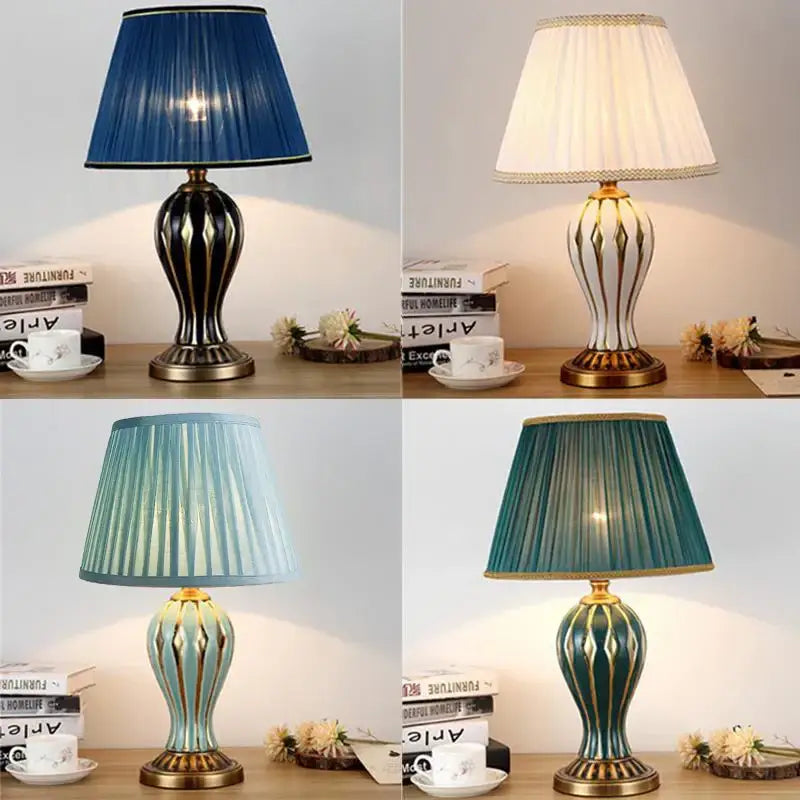 Elegant antique blue ceramic desk lamp with fluted fabric shade and gold accents for bedroom table lighting