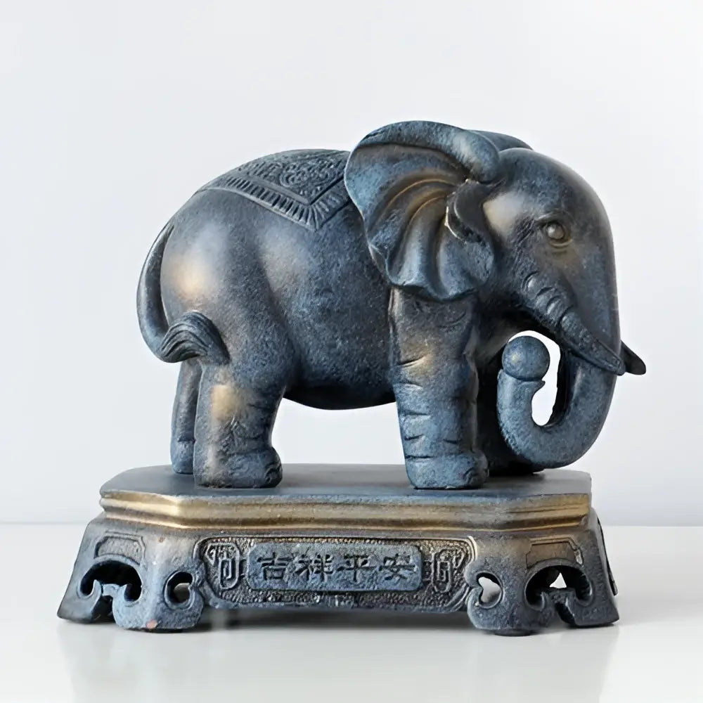Dark blue patina elephant couple resin statue with intricate engravings and chinese pedestal for living room decorbites decor