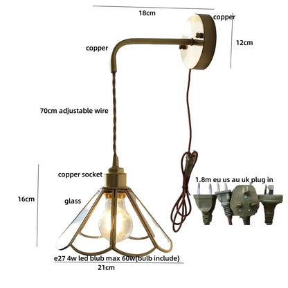 Antique brass-finished copper wall sconce with adjustable wire and glass shade for decorbites blue glass led lighting