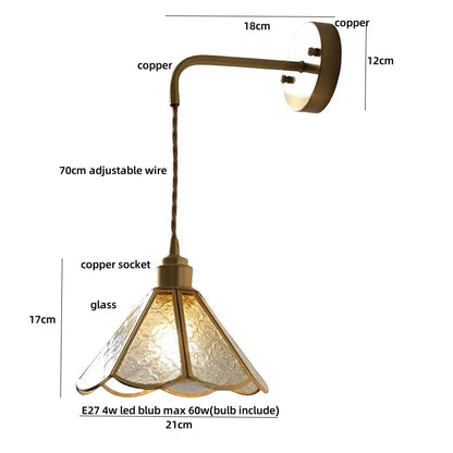 Antique brass-finished copper wall sconce with decorbites blue glass led stained glass floral lampshade pull chain light
