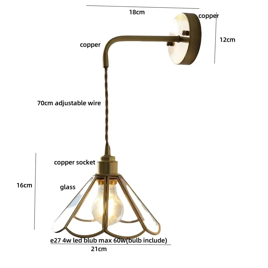 Copper wall sconce with adjustable wire and glass shade for decorbites blue glass led staircase pull chain light