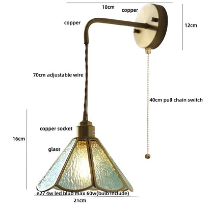 Antique copper wall sconce with decorbites blue glass led stained glass shade for staircase lighting