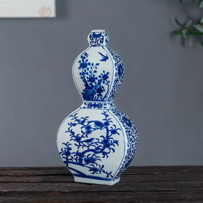 Antique two ear blue white porcelain gourd-shaped vase with intricate floral and bird motifs for living room decor