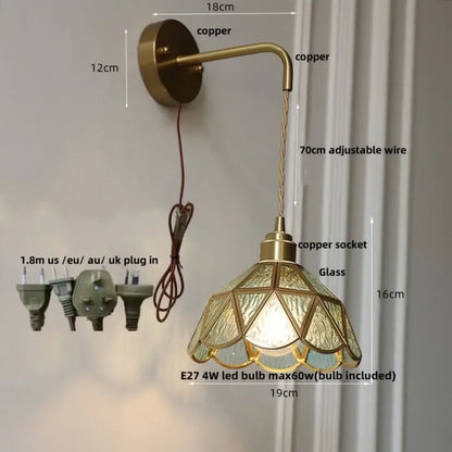 Antique brass amber glass led wall light with textured geometric decorbites amber glass shade for bedroom sconce decor