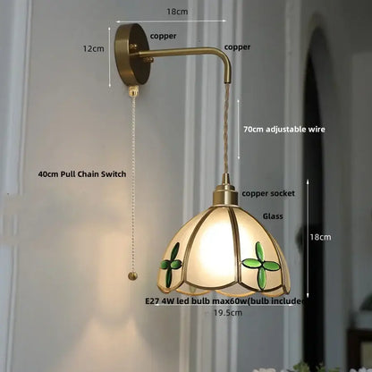 Antique brass amber glass led wall light with stained glass clover shade and adjustable copper wire for bedroom decorbites amber glass