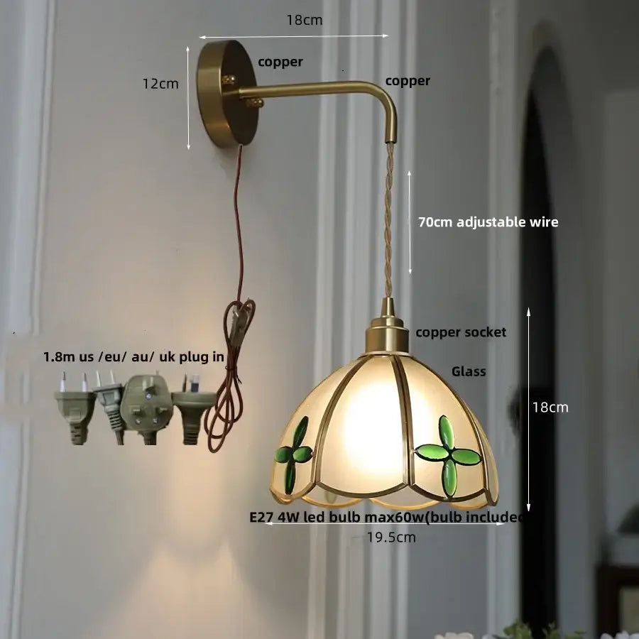 Antique brass amber glass led wall light with green clover stained glass lampshade and adjustable copper wire decorbites amber glass